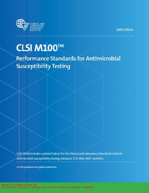 M100 Performance Standards for Antimicrobial Susceptibility Testing, 34th Edition.